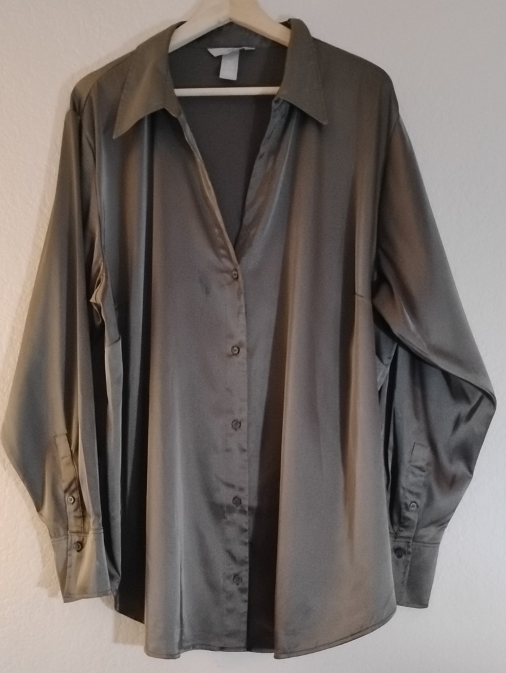 H&M Satin Button-Up V-neck Button Top- Olive Plus